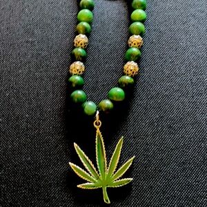 UNISEX….Weed pendant…silver spacers and Army Green Marble Beads
